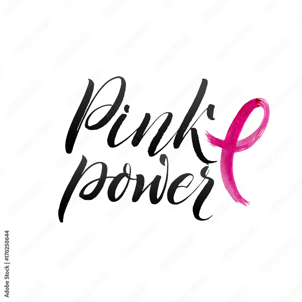 Vector Breast Cancer Awareness Calligraphy Poster Design. Stroke Pink Ribbon. October is Cancer Awareness Month