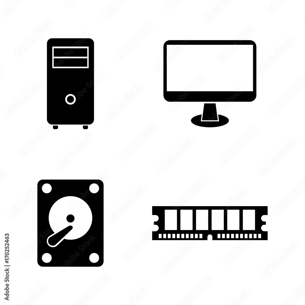 Computer Parts. Simple Related Vector Icons Set for Video, Mobile Apps, Web Sites, Print Projects and Your Design. Black Flat Illustration on White Background. Computer Parts. Simple Related Vector Icons Set for Video, Mobile Apps, Web Sites, Print Projects and Your Design. Black Flat Illustration on White Background.