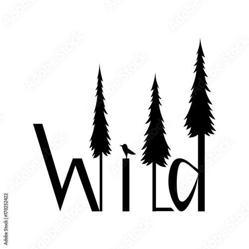 Logo wild image of letters and forests isolated on white background. Wild text