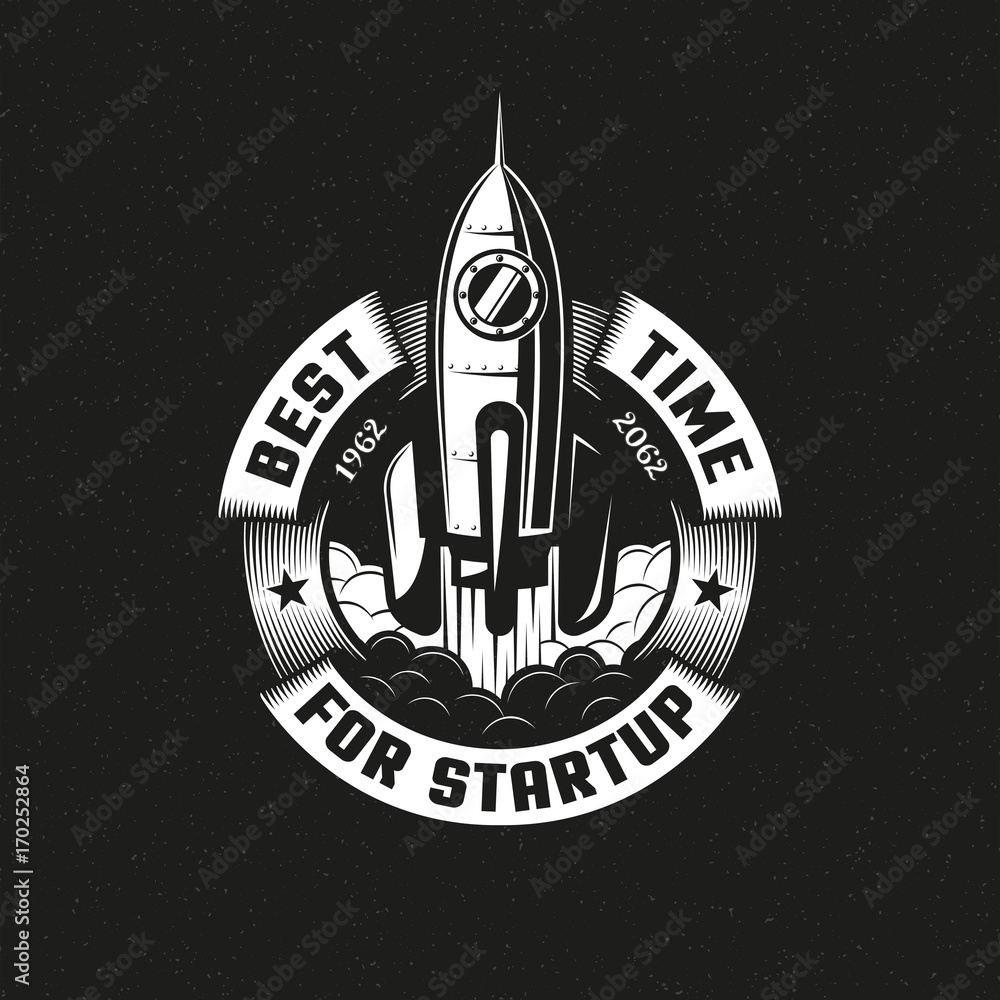 Startup rocket round logo on black background. Vector illustration.