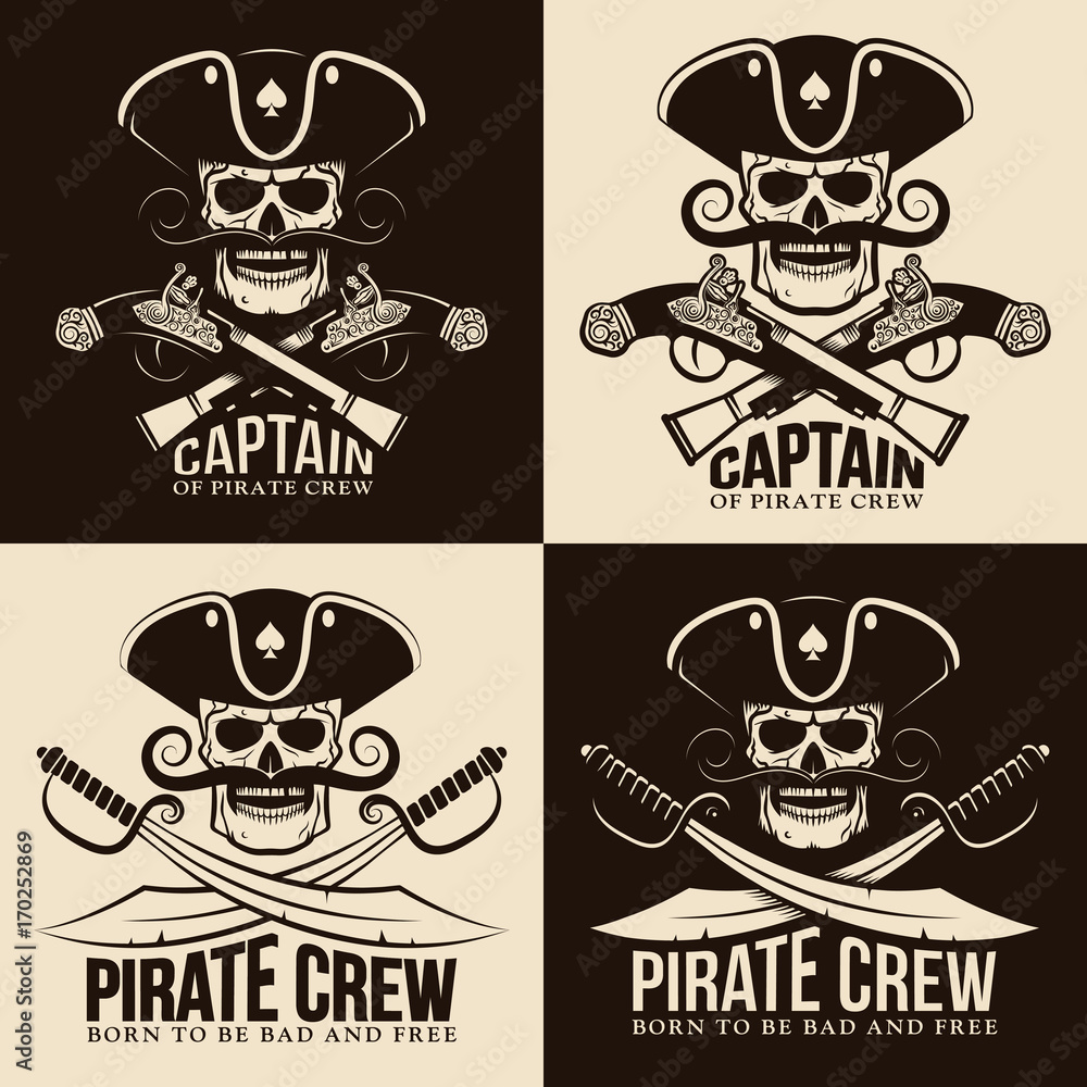 Pirate emblems with a skull in a cocked hat in a retro style. Vintage jolly roger. Vector illustration.