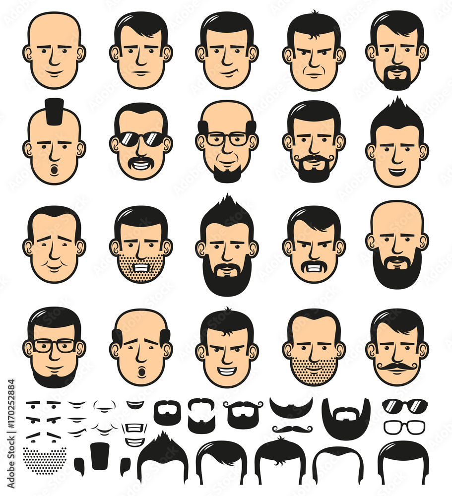 Set of men faces template with different stylish beards, mustaches, and haircuts. Vector illustration Set of men faces template with different stylish beards, mustaches, and haircuts. Vector illustration