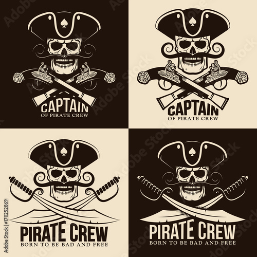 Pirate emblems with a skull in a cocked hat in a retro style. Vintage jolly roger. Vector illustration.
