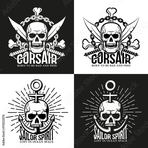 Retro pirate tattoo, emblem with skull, crossed bones, sabers and anchor. For white and dark background. Vector illustration.
