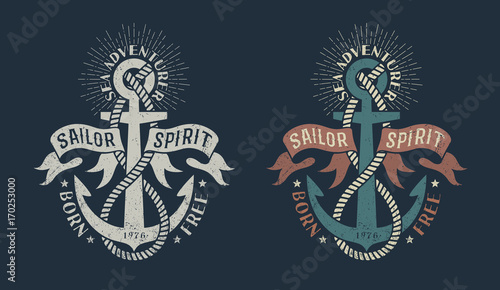 Marine logo, with anchor and heraldic ribbons on dark background. Monochrome and color in retro tones. Worn texture on a separate layer and can be easily disabled.