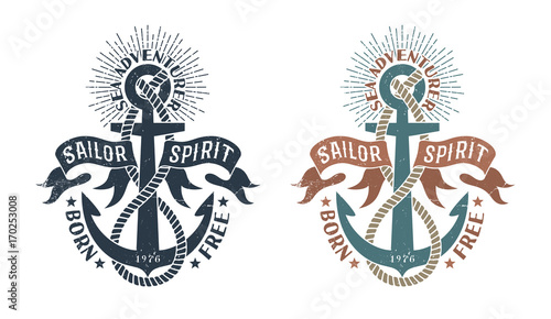 Marine retro emblem in the stamp style. Vintage logo with an anchor, rope and flapping ribbons. Worn texture on a separate layer and can be easily disabled.