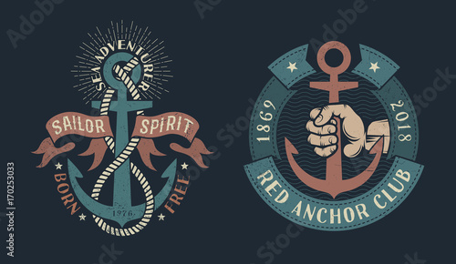 Two vintage nautical logos with an anchor, heraldic ribbons, ropes, hand of sailor. Dark background. Shabby worn texture on a separate layer and can be disabled