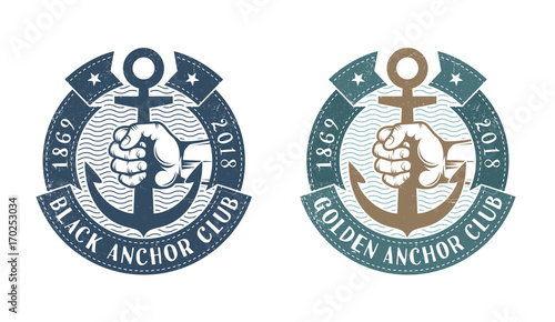 Hand holding an anchor surrounded by heraldic ribbons. Nautical retro logo. Worn texture on a separate layer and can be easily disabled.