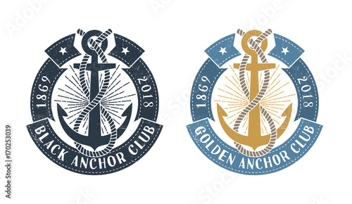 Hipster sea emblem with anchor, rope and  round ribbon with inscription. Monochrome and color options. Worn texture on a separate layer and can be disabled.