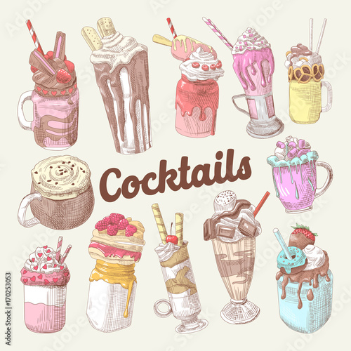 Milkshakes and Ice Cream Hand Drawn Doodle. Dessert Drinks. Vector illustration