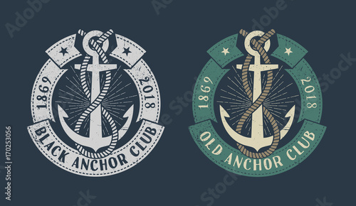 Vintage marine logo with anchor, banner and inscriptions. Monochrome and color versions on dark background. Worn texture on separate layer and can be disabled.