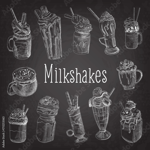 Milkshake and Ice Cream Hand Drawn Doodle. Dessert Drinks on Chalkboard. Vector illustration