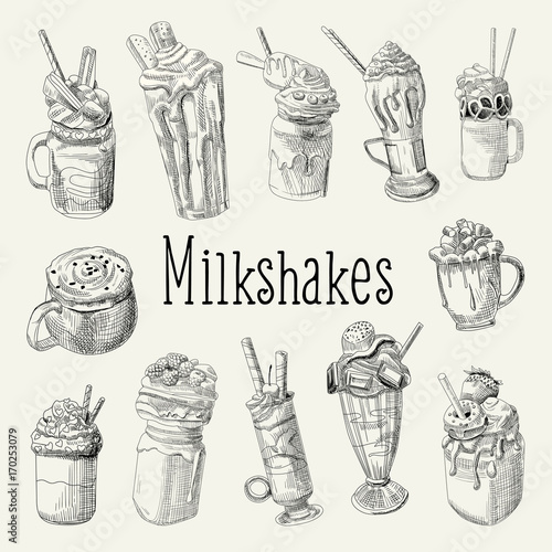 Milkshake and Ice Cream Hand Drawn Doodle. Dessert Drinks Isolated on white Background. Vector illustration