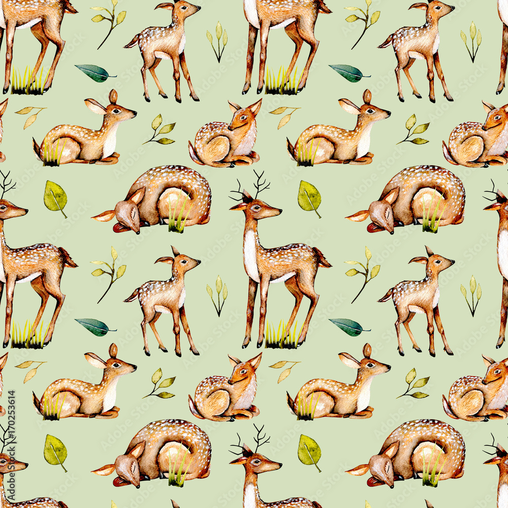 Obraz Seamless pattern with watercolor deers, baby deers and floral elements, hand painted isolated on green background