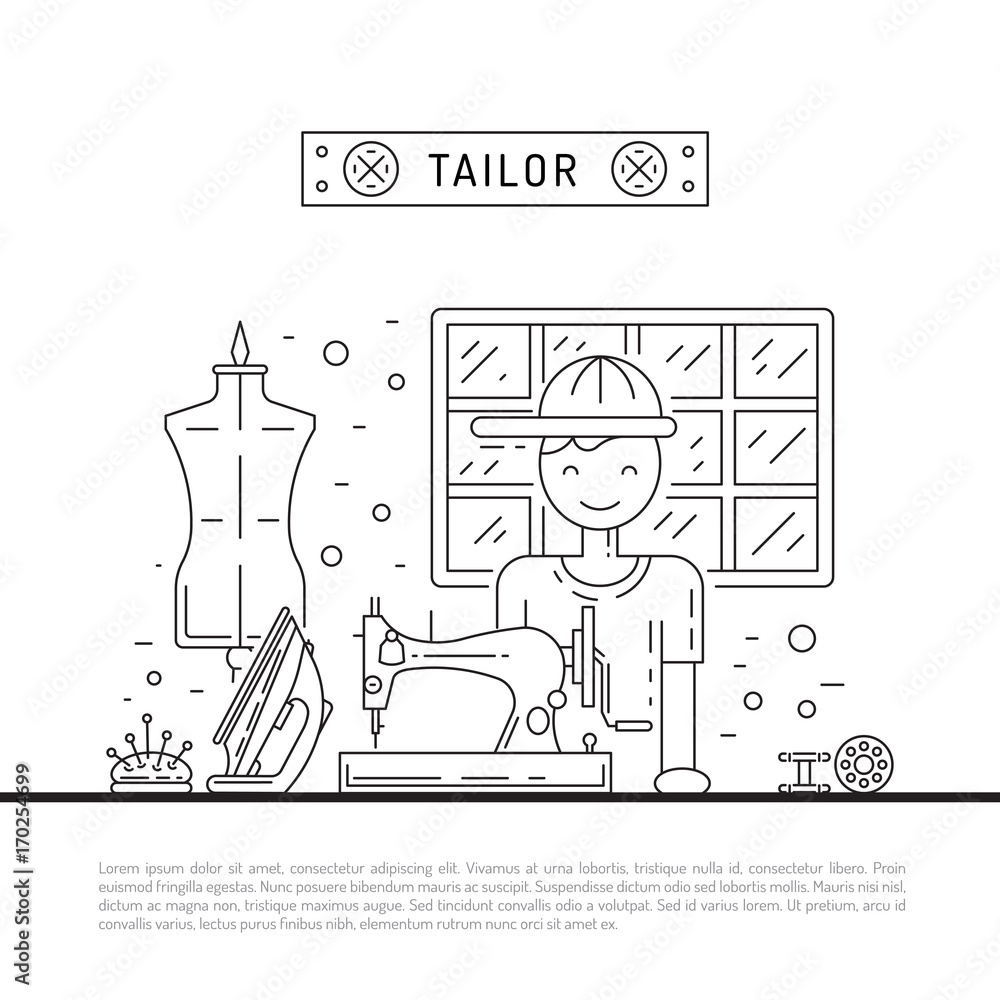 The tailor man is engaged in tailoring mens suits in his workshop, vector illustration in a linear style. Desk dressmaker with a sewing machine. The tailor man is engaged in tailoring mens suits in his workshop, vector illustration in a linear style. Desk dressmaker with a sewing machine.
