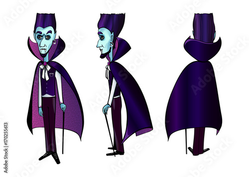 Cute blue face Vampire Dracula Halloween character in black and pink cape and walking stick isolated on white background: face, back and left views. Vector illustration