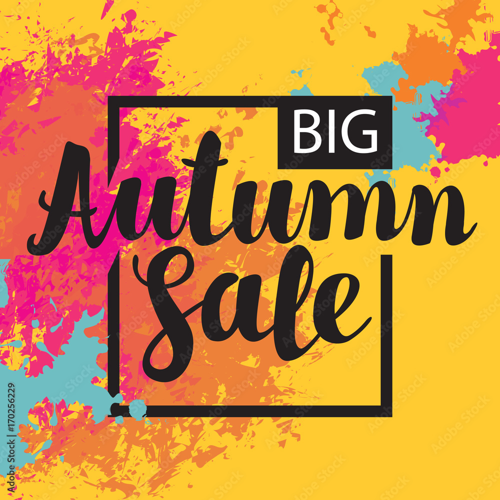 Vector poster with colored abstract spots and the inscription Autumn sale on the yellow background. It can be used as a poster, invitation, label, flyer
