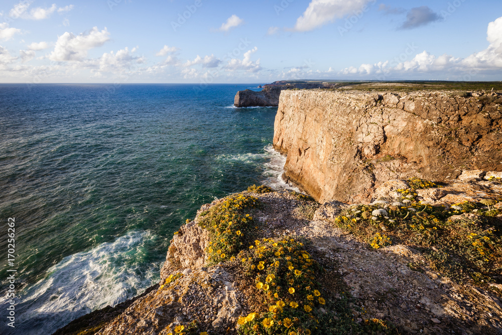 Panorama of high rocky cliff of Atlantic ocean