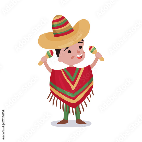 Little boy in Mexico country national clothes, kid wearing poncho and sombrero holding maracas colorful vector Illustration