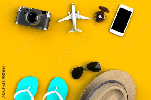 Top view of Traveler's accessories on yellow table background, Essential vacation items, Travel concept, 3D rendering