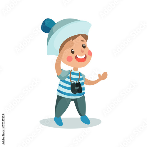 Cute little boy in sailors costume playing with binoculars, kid dreaming of becoming a sailor vector Illustration