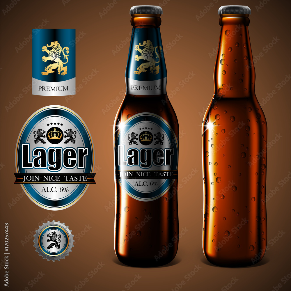 Mock Up beer label design, bottle and glass of beer with droplets of moisture. Highly realistic illustration with the effect of transparency. Mock Up beer label design, bottle and glass of beer with droplets of moisture. Highly realistic illustration with the effect of transparency.