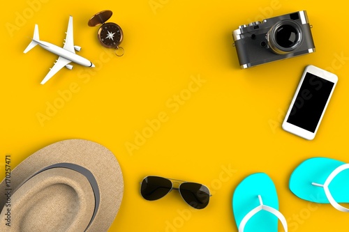 Top view of Traveler's accessories on yellow table background, Essential vacation items, Travel concept, 3D rendering