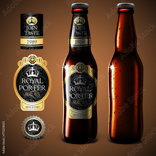 Mock Up beer label design, bottle and glass of beer with droplets of moisture. Highly realistic illustration with the effect of transparency.