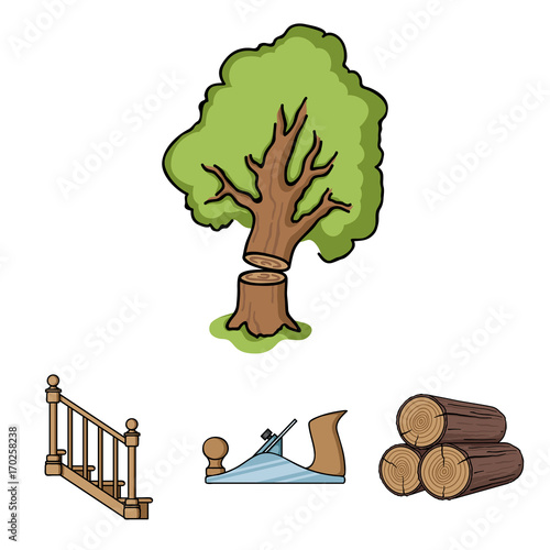 Logs in a stack, plane, tree, ladder with handrails. Sawmill and timber set collection icons in cartoon style vector symbol stock illustration web.