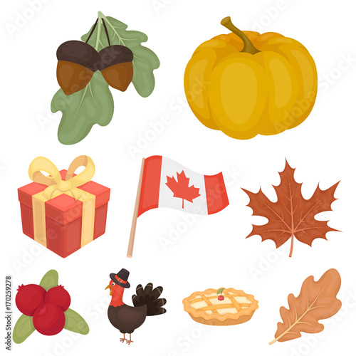 Canadian Thanksgiving Day set icons in cartoon style. Big collection of canadian Thanksgiving Day vector symbol stock illustration