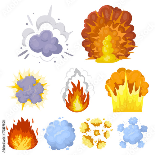 A set of icons about the explosion. Various explosions, a cloud of smoke and fire.Explosions icon in set collection on cartoon style vector symbol stock illustration.