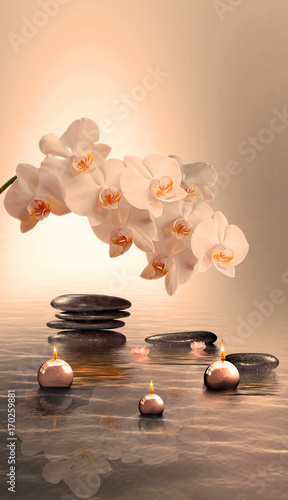 Wandbild mit Orchideen  Steinen im Wasser und schwimmenden Kerzen