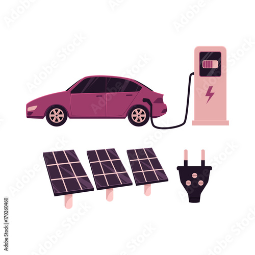 vector flat cartoon electric motor passenger car charging at the charger station, solar plant panels, power plug set. Isolated illustration on a white background. Green energy concept photo