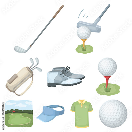 A golfer, a ball, a club and other golf attributes.Golf club set collection icons in cartoon style vector symbol stock illustration web. photo