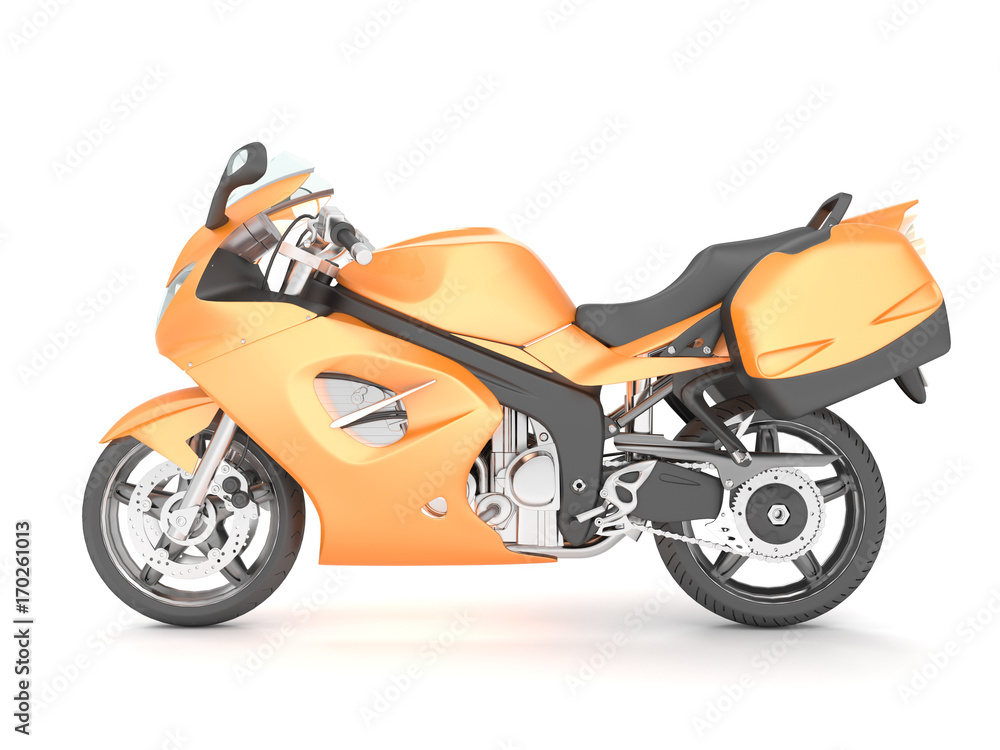 3d rendering orange black motorcycle askance isolated on a white background. 3d rendering orange black motorcycle askance isolated on a white background.