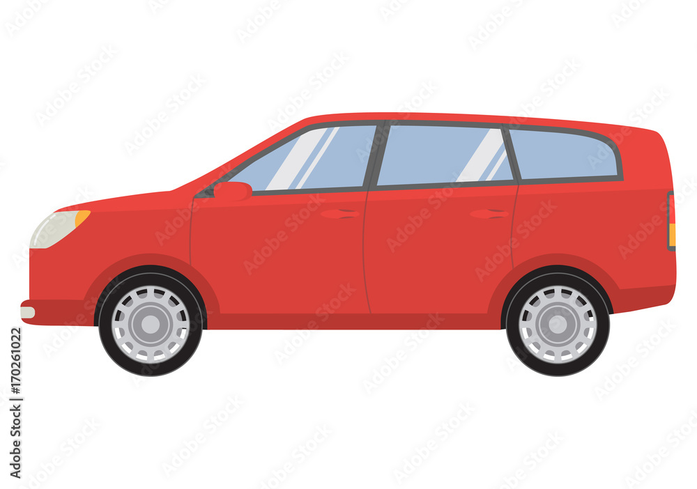 The city car in flat style a vector. Hatchback five-door red color.Cartoon  style on a white background.The auto vehicle for family.Modern universal car.  Stock Vector