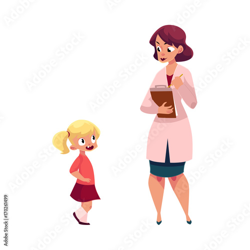 Woman doctor, pediatrician and little girl, medical exam, health check concept, cartoon vector illustration isolated on white background. Woman doctor, pediatrician and little girl, medical exam