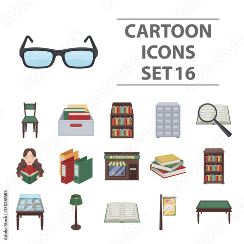 Library and bookstore set icons in cartoon style. Big collection of library and bookstore vector symbol stock illustration