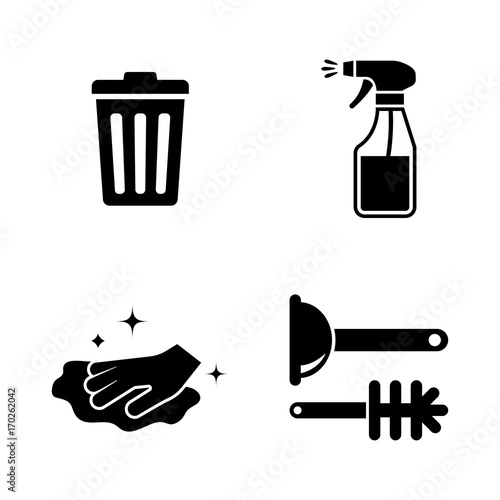 Cleaning. Simple Related Vector Icons Set for Video, Mobile Apps, Web Sites, Print Projects and Your Design. Black Flat Illustration on White Background.