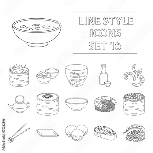 Sushi set icons in outline style. Big collection of sushi vector symbol stock illustration