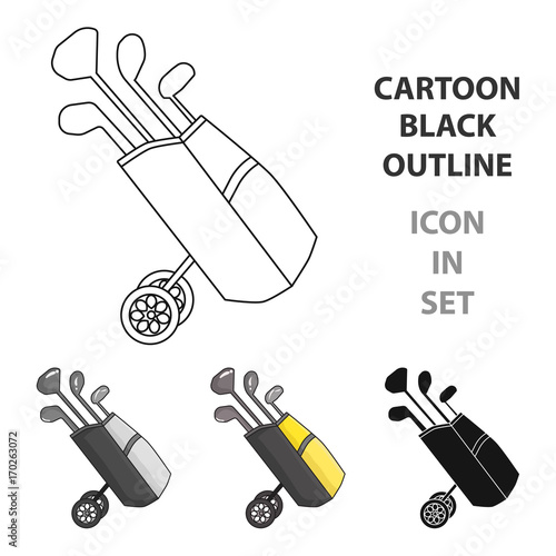 Golf bag on wheels with clubs icon in cartoon style isolated on white background. Golf club symbol stock vector illustration.