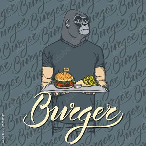 Vector Illustration of gorilla with burger and French fries