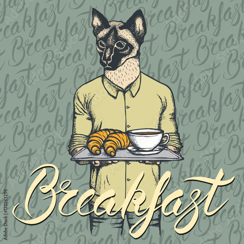 Vector Illustration of cat with croissant and coffee
