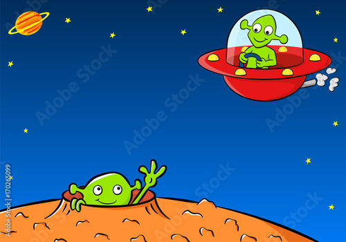 Außerirdischer Winkt  zu einem anderen Alien in einem UFO