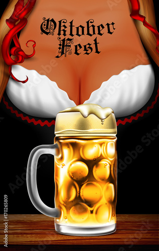 Oktoberfest waitress. Women's festive decollete with beer bottles, high detailed delicious illustration