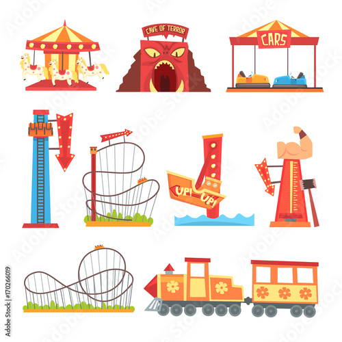 Amusement park elements set, funfair attraction colorful cartoon vector Illustrations