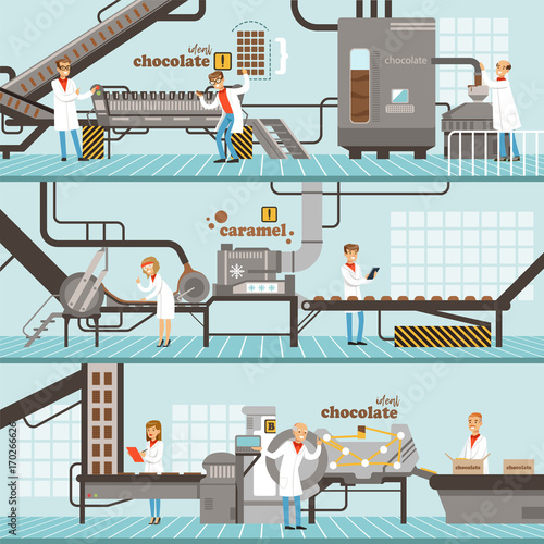 Process of caramel and chocolate production set of horizontal colorful banners