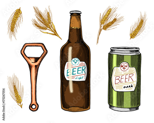 Beer glass, mug or bottle of oktoberfest. wheat or malt engraved in ink hand drawn in old sketch and vintage style for web or pub menu. design element isolated on white background.