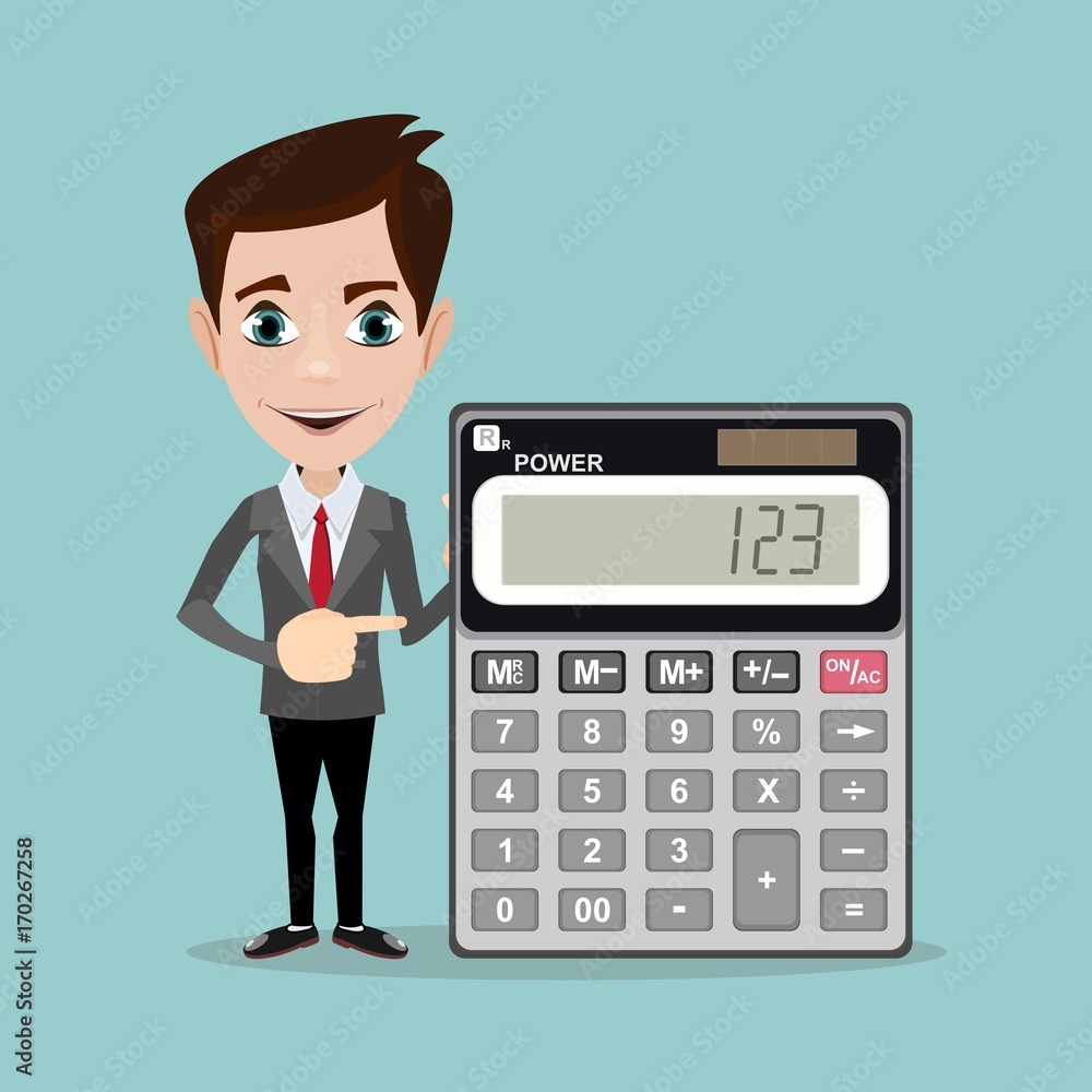 Funny office worker man - Accountant or manager shows the calculator to work on the white background for use in presentations. Stock Vector illustration