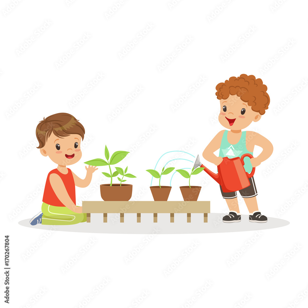 Cute little boys caring for plants during lesson of botany in kindergarten cartoon vector Illustration Cute little boys caring for plants during lesson of botany in kindergarten cartoon vector Illustration